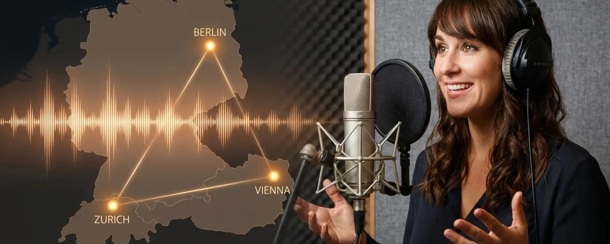 Native German voice over artist serving DACH market - audio waveform connecting Berlin Vienna Zurich