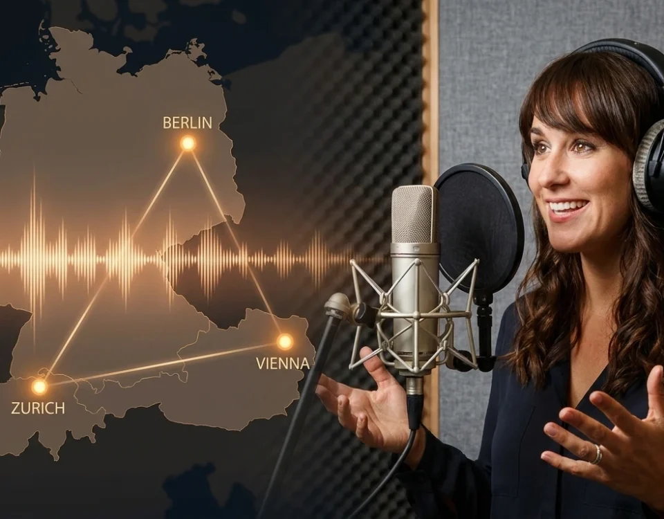 Native German voice over artist serving DACH market - audio waveform connecting Berlin Vienna Zurich