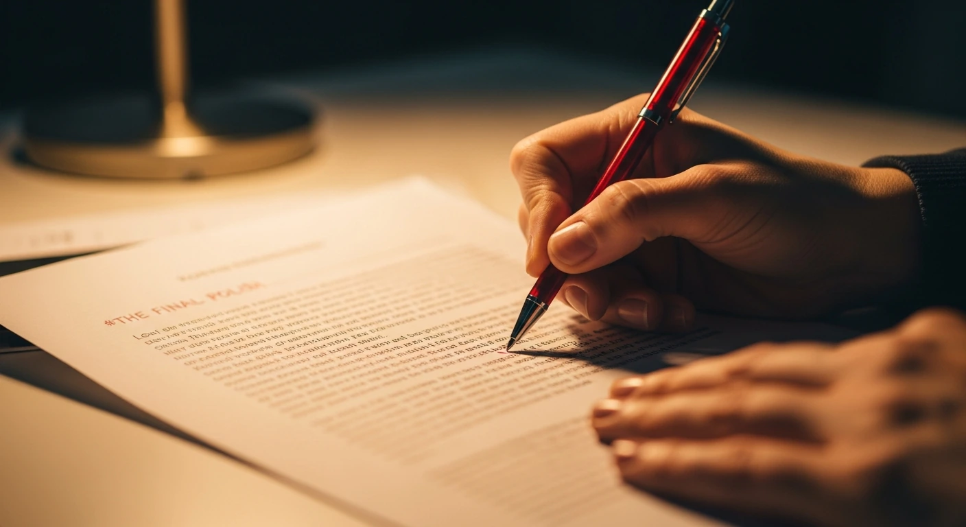 Hands marking up a voice over script with a red pen Hands marking up a voice over script with a red pen