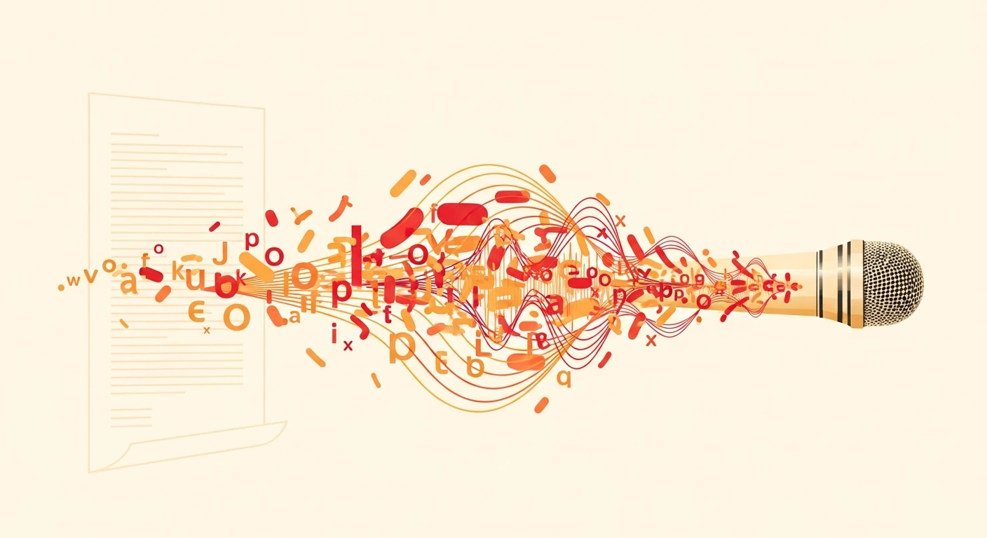 Editorial illustration of words flowing from script into microphone Editorial illustration of words flowing from script into microphone