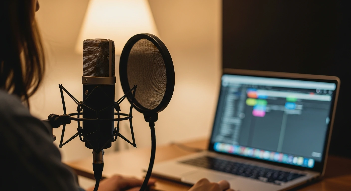 Voice over recording session preparation with microphone and project timeline