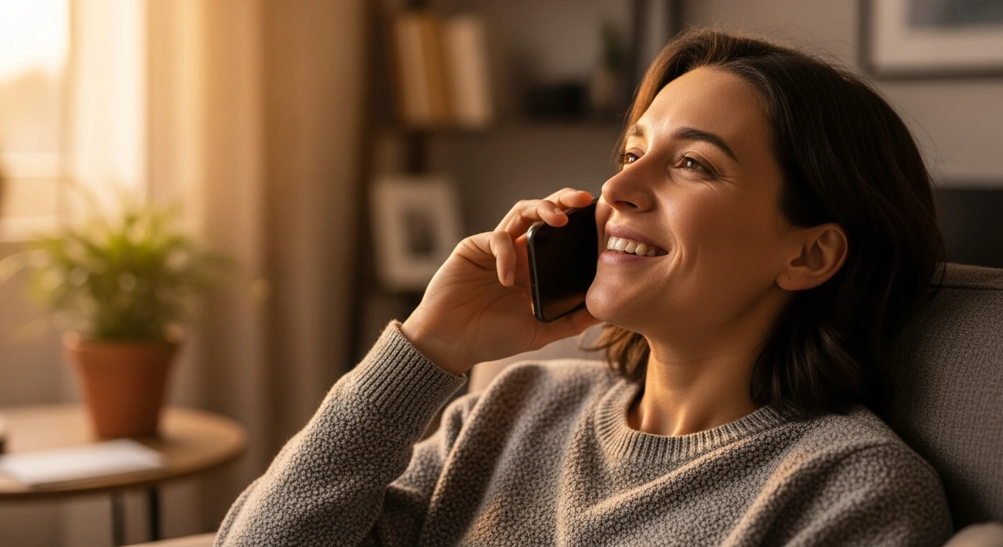 Person on a phone call looking pleased in a comfortable home setting Person on a phone call looking pleased in a comfortable home setting