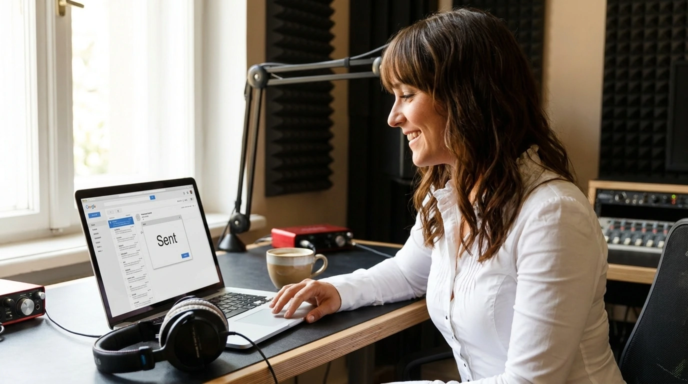 Voice over artist at studio desk after delivering files on deadline