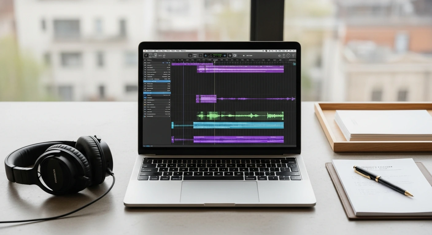 Voice over production workflow on laptop with audio timeline and notes