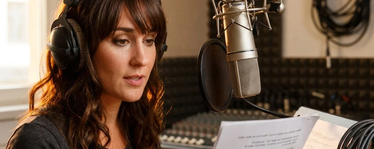 German voice over artist recording at Neumann U87 microphone, focused on script in professional Berlin studio