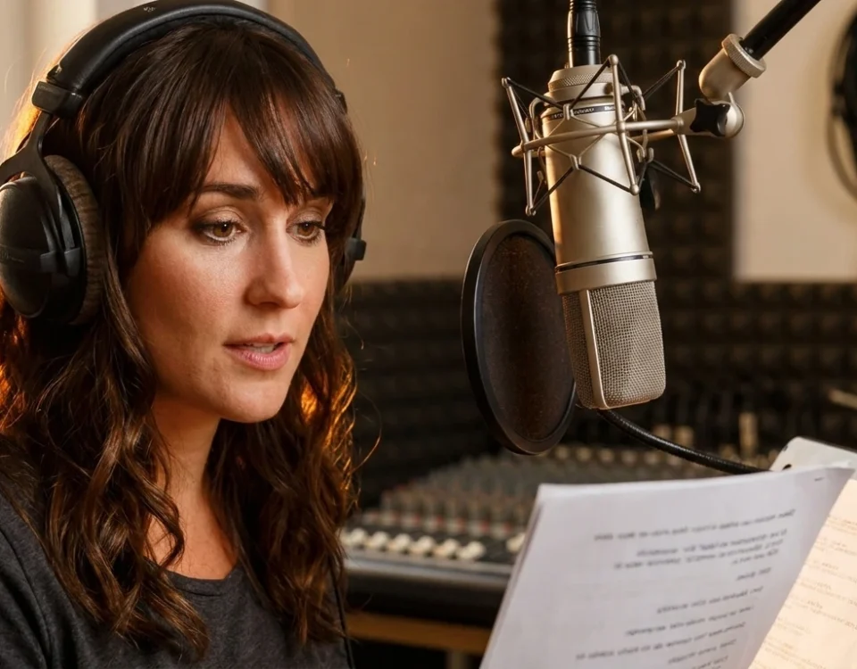 German voice over artist recording at Neumann U87 microphone, focused on script in professional Berlin studio