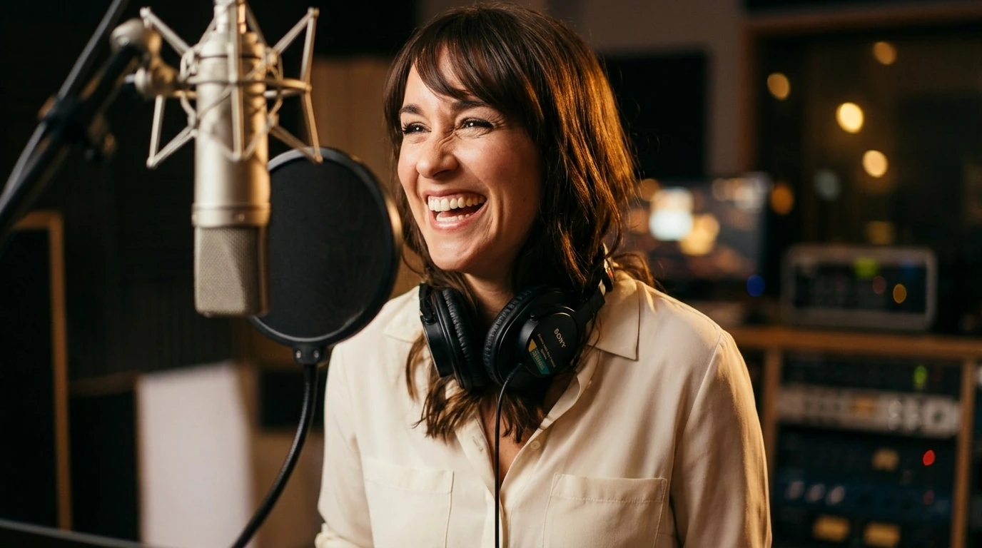 Voice over artist genuinely laughing in professional studio - human emotion AI cannot fake Voice over artist genuinely laughing in professional studio - human emotion AI cannot fake